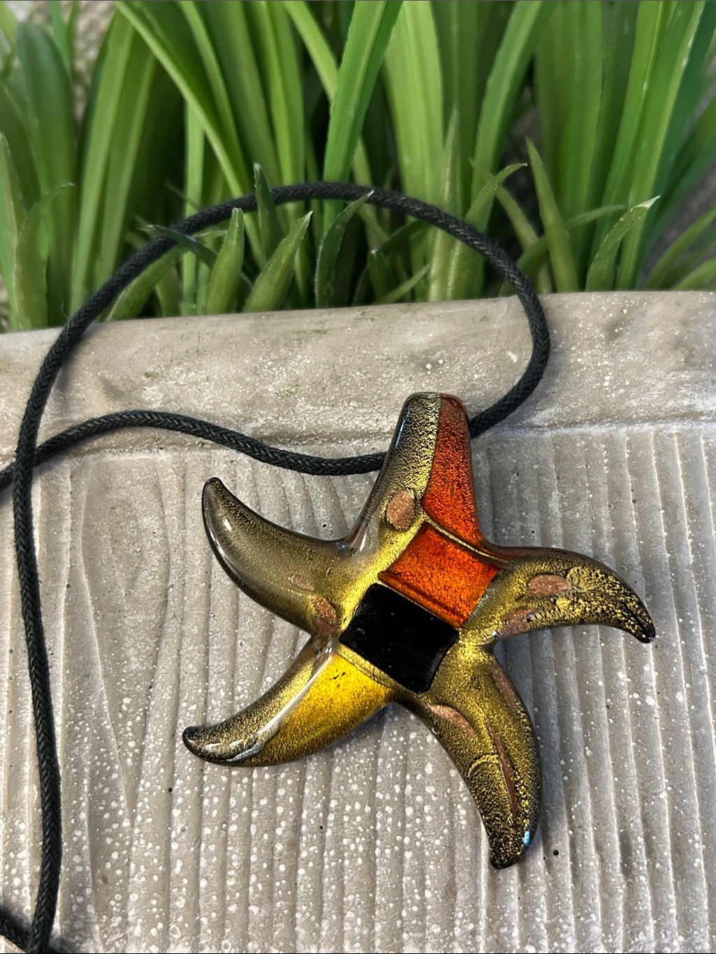 Glass Starfish Pendant Necklace - Black Cord Gold Black Orange